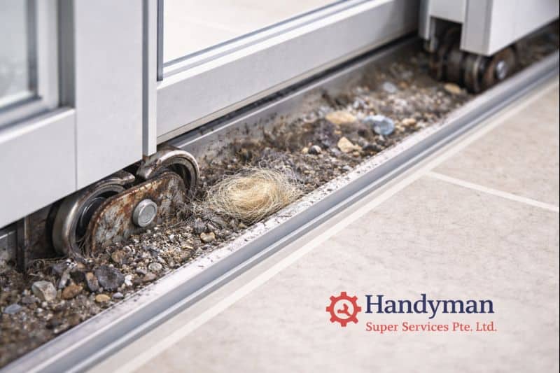 Dirty sliding door track causing door jam in Singapore