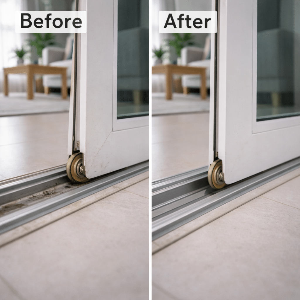 Sliding door repair in Singapore before and after fixing damaged rollers and track